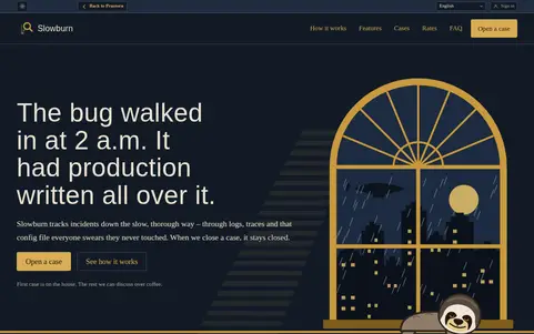 The Slowburn landing page in Prastora at 1024 by 640 pixels