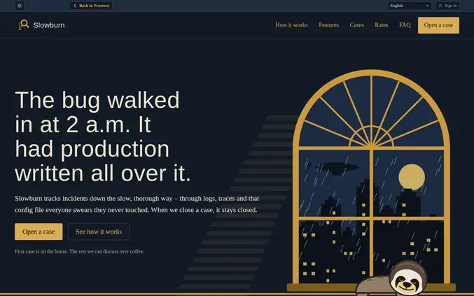 The Slowburn landing page in Prastora at 1440 by 900 pixels